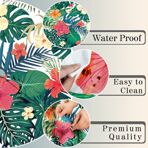 Palm Leaves Round Outdoor Tablecloth With Umbrella Hole And Zipper Elastic Edges Waterproof Fitted Table Cover For Patio Picnic Or Party Fits 40 To 44 Inch Diameter Round Tables, showcasing waterproof feature, cleaning, and quality details.