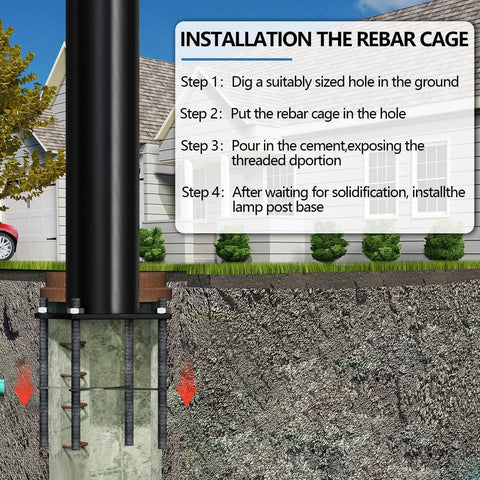 16 Foot Tall Solar Street Light Pole With Adjustable Modular Sections installation steps showing rebar cage in ground