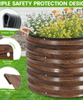 Close-up of Olive Green Three Piece Raised Garden Bed Kit With 17 Inch Tall Planter Boxes For Deep Root Plants Outdoors 4 By 2 By 1.4 Feet Includes Rubber Strip For Veggies Fruits Flowers featuring safety design details.