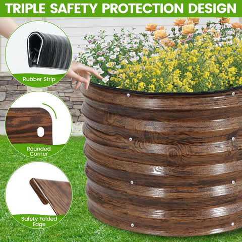 Close-up of Olive Green Three Piece Raised Garden Bed Kit With 17 Inch Tall Planter Boxes For Deep Root Plants Outdoors 4 By 2 By 1.4 Feet Includes Rubber Strip For Veggies Fruits Flowers featuring safety design details.