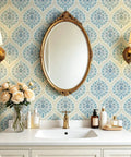 Vintage Blue Floral Damask Peel And Stick Wallpaper For Kitchen Cabinets Rad Self Adhesive Contact Paper Rolls in a bathroom setting.