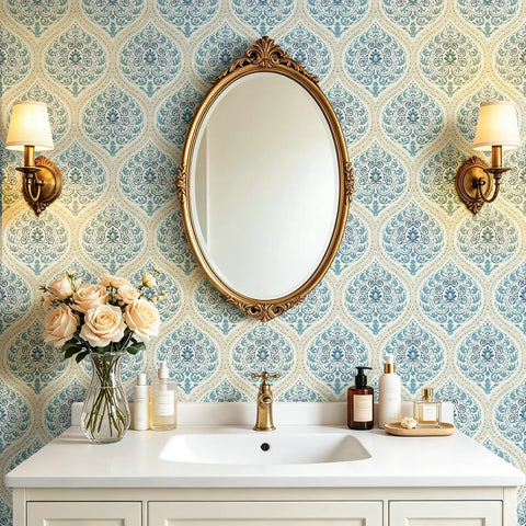 Vintage Blue Floral Damask Peel And Stick Wallpaper For Kitchen Cabinets Rad Self Adhesive Contact Paper Rolls in a bathroom setting.