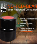 Bear-Resistant Food Canister For Backpacking And Camping In Bear Country IGBC Approved Bear-Proof Container beside tent and bear