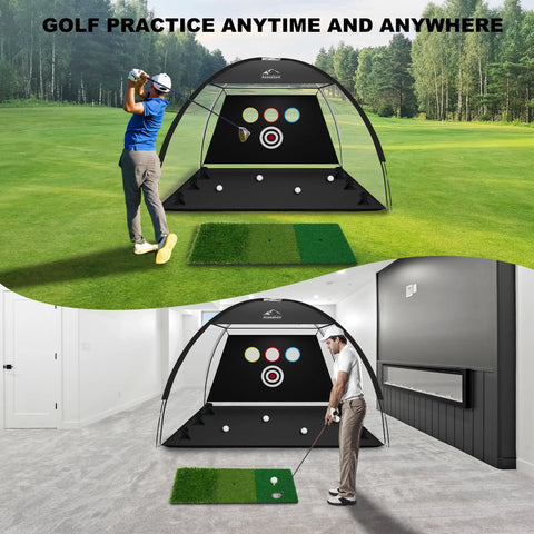 Golfers using 10x7 Ft Golf Hitting Net With Tri Turf Mat Multi Target Practice Net for backyard and indoor practice setup