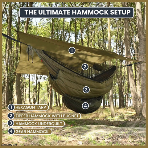 11Ft Ultralight Camping Hammock With Mosquito Net And Ridgeline setup in forest with hexagon tarp, underquilt, and gear hammock.