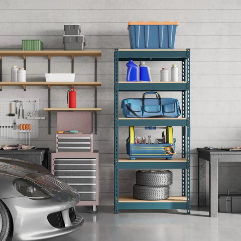 Totally Legit Five Tier Metal Storage Shelving Rack With Adjustable Levels And Slick Modular Design, Spacious 27.5X12X60 Inch Neptune Blue Organizer Kicks Clutter To The Curb For Home Or Garage