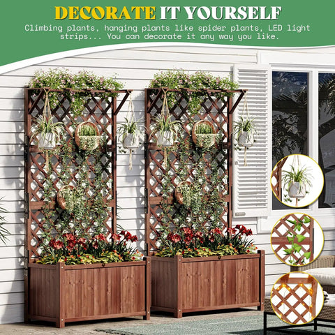 Raised Garden Bed With Trellis For Veggies And Climbing Plants, Durable Natural Wood Planter Box With Drainage Holes