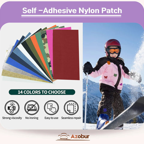 Two Pack Nylon Stick On Repair Patches For Outdoor Gear Waterproof Patch Kit 10x20cm, showcasing multicolored patches with skier.