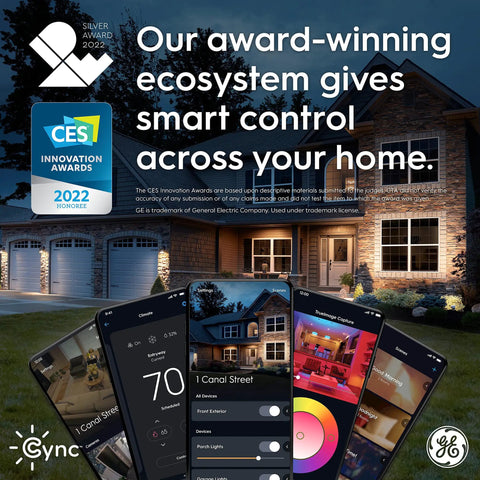 GE Cync smart home lighting control app screens showcasing award-winning features and house with illuminated smart lights at night.