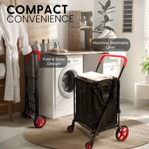 Compact Folding Shopping Cart With Removable Waterproof Liner, 360 Degree Swivel Wheels in laundry room setting