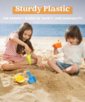 Children playing with Colorful Beach Shovels For Kids Set Of 4 Durable Plastic Sandbox Toys With Scoops on a sandy beach.