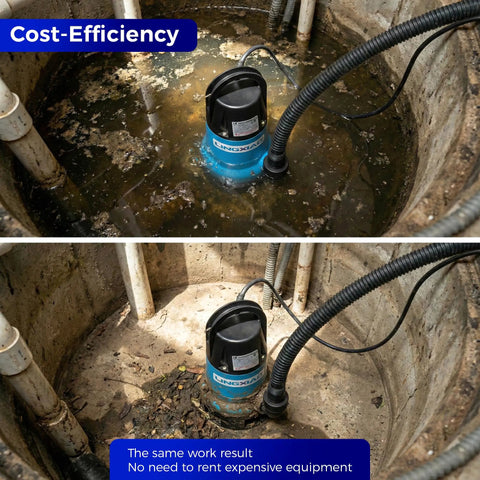 1/2 HP Submersible Trash Pump With Thermoplastic Body Delivers 2370 GPH High Flow Sewage Water Removal For Basements Sumps Wells Portable Design 10ft Power Cord Plug And Play Setup visible in a basement setting handling water removal efficiently.