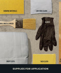 Supplies for application including brush, gloves, drop cloth, and sanding materials for Fast Track Cedarwood Wood Stain.