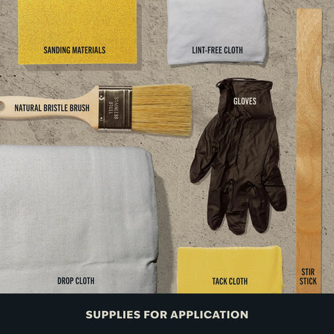 Supplies for application including brush, gloves, drop cloth, and sanding materials for Fast Track Cedarwood Wood Stain.