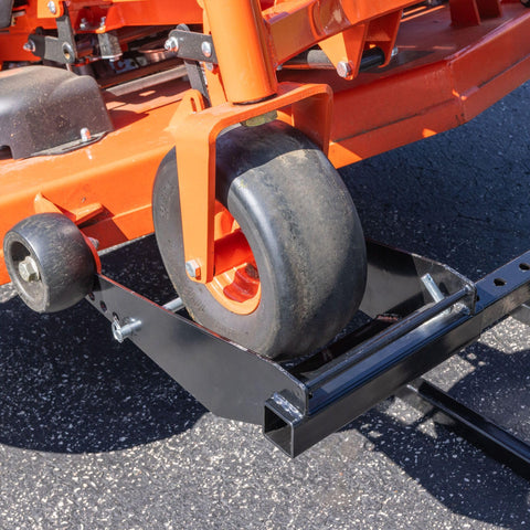 Guardian zero-turn lawn mower lift jack, orange steel frame, 27" height, 550 lb capacity, large wheel.