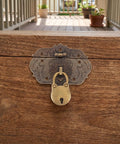 Old School European Style Zinc Alloy Decorative Hinges And Latches Set For Craft Boxes And Trunks mounted on wooden chest