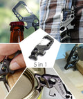 Beefy Heavy Duty Key Chain Bottle Opener Carabiner for Men and Women shown in five uses including bottle and can opening, and wood attachment.
