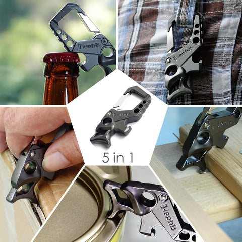 Beefy Heavy Duty Key Chain Bottle Opener Carabiner for Men and Women shown in five uses including bottle and can opening, and wood attachment.