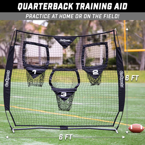 Front view of Six By Six Foot Football Throwing Net For QB Training And Passing Accuracy With Three Target Pockets Simulating Prime Receiving Areas Great For Short And Long Throws Scramble Passes Backyard Practice Portable Training Gear on grass field, showing net with three target pockets labeled 1, 2, 3 and size dimensions 6 ft by 6 ft.