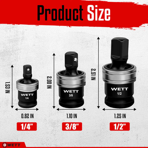 Front view of 3 Piece Impact Universal Joint Set with 1/4 inch, 3/8 inch, and 1/2 inch drive swivel sockets, alloy steel.