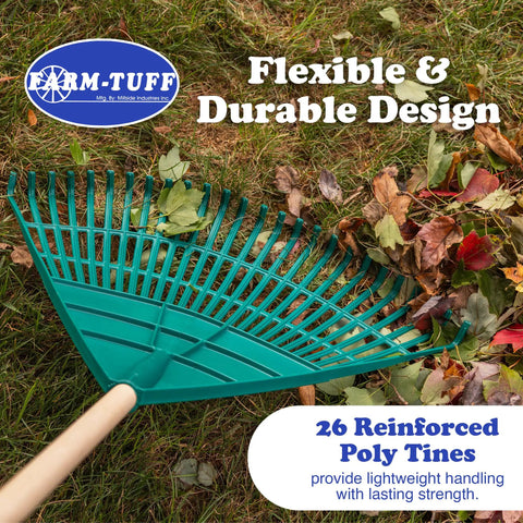 Extra Wide 24 Inch Leaf And Lawn Rake With 48 Inch Hardwood Handle For Quick Yard Cleanup, Heavy-Duty Poly Head With 26 Reinforced Tines