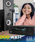 Smiling person beside 1000W Bluetooth Home Theater Karaoke Receiver With Five Point Two Channel Stereo Amplifier Dual UHF Wireless Mics Video Pass Through MP3 USB HDMI AM FM Radio PT888BTWM5