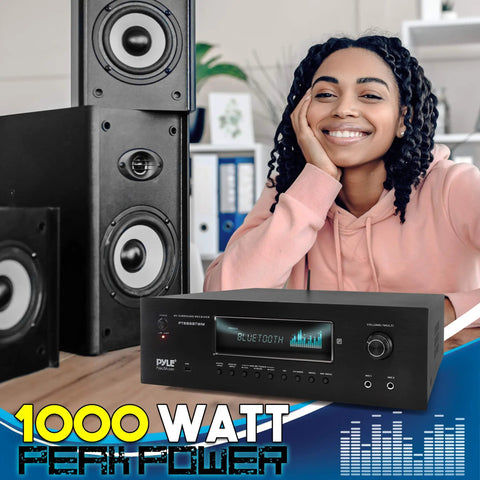 Smiling person beside 1000W Bluetooth Home Theater Karaoke Receiver With Five Point Two Channel Stereo Amplifier Dual UHF Wireless Mics Video Pass Through MP3 USB HDMI AM FM Radio PT888BTWM5