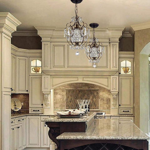 Chandelier Modern Mini Shabby Chic Cozy 1 Light Bronze Farmhouse Crystal Pendant Ceiling Fixture in elegant kitchen.