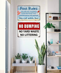 Vintage Pool Rule Sign Metal Tin Outdoor Waterproof Wall Decor for Backyard Bar or Deck, displayed on a white indoor wall