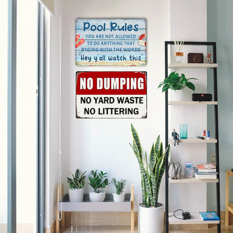 Vintage Pool Rule Sign Metal Tin Outdoor Waterproof Wall Decor for Backyard Bar or Deck, displayed on a white indoor wall