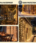 Warm White 300 LED Curtain Lights For Bedroom And Window Backdrop Indoor Outdoor Fairy String Lights For Christmas Holiday Parties Patio Wall Dorm Room Decor Party Ready For Weddings Parties And Seasonal Holiday Decor displayed outdoors in snow with warm glow