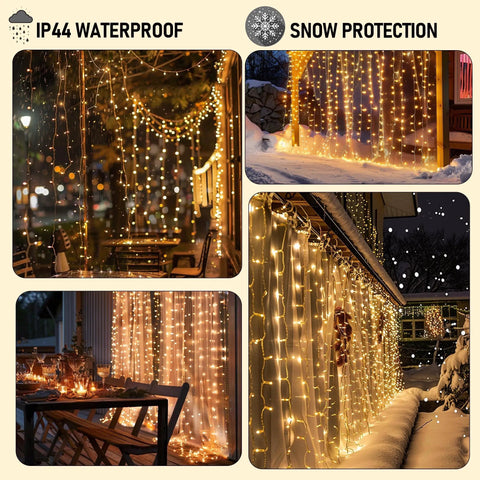 Warm White 300 LED Curtain Lights For Bedroom And Window Backdrop Indoor Outdoor Fairy String Lights For Christmas Holiday Parties Patio Wall Dorm Room Decor Party Ready For Weddings Parties And Seasonal Holiday Decor displayed outdoors in snow with warm glow