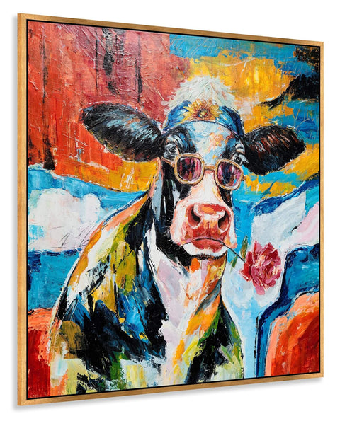 Cool Cow Portrait With Sunglasses Modern Hand Painted Textured Wall Art Framed Cow Head Floral Canvas Bold Black White Red Blue Colorway For Living Room Bedroom Or Bath A Fresh Totally Vibey Statement Piece