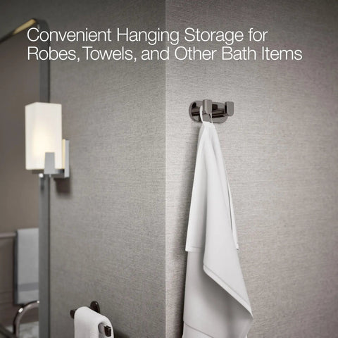 Composed Double Robe Hook In Vibrant Titanium Finish holding white towel on bathroom wall with modern decor and lighting