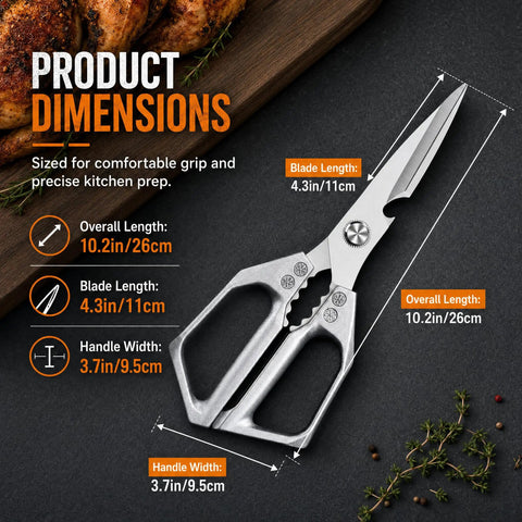 Heavy Duty Kitchen Scissors Workhorse For All Purpose Food Prep, Sturdy Cooking Shears For Meat And Poultry, Stainless Steel Blades, Full Metal Aluminum Handle, Durable And Easy To Clean, Versatile Kitchen Tool For Everyday Use. Dimensions shown, 10.2in length