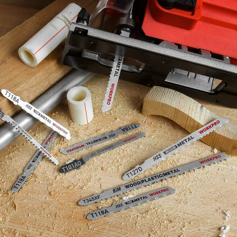 Pro Grade 25 Piece T Shank Jigsaw Blades With Heavy Duty Storage Case on wooden surface, showing different blade types and materials.