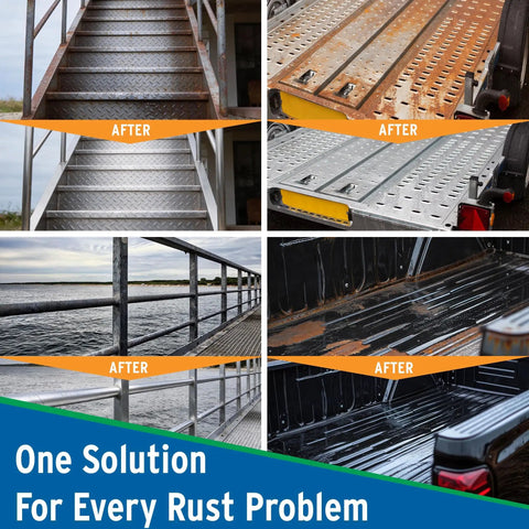 Before and after effects of Rust Converter And Metal Primer In One Step That Stops And Prevents Corrosion On Metal, truck bed and railing view.