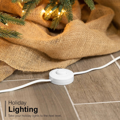 Extension Cord With Footswitch And 3 Outlets, On Off Switch, White, Shown Beneath Holiday Decor With Lights, 9 Foot Power Cord