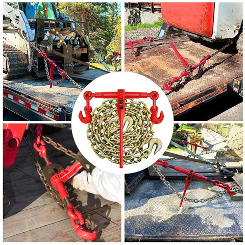 Heavy Duty 3/8 To 1/2 Inch Chain Binder Kit With 2 Grade 70 Ratchet Chains, 10 Ft Each, 9200 Lbs WLL, securing equipment on flatbed.