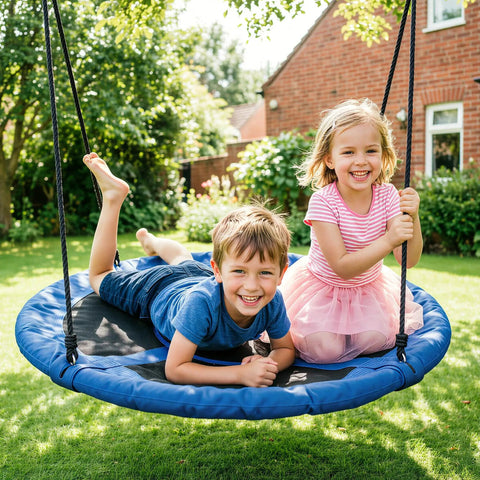 40 Inch Flying Saucer Tree Swing for Backyard Fun and Playground Action with kids, blue fabric, hanging ropes