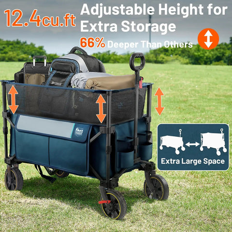 Side view of Beefy 350L Extra Large Collapsible Folding Wagon With Brake For Camping carrying camping gear on grass
