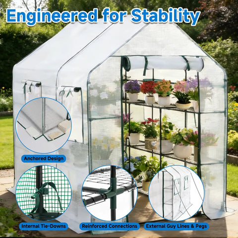 Walk In Outdoor Greenhouse With 56 By 85 Inch Footprint And 77 Inch Height, Portable Garden House With Three Tiers And Twenty Shelves For Plants, Veggies, Flowers, Patio Or Backyard Use White Finish