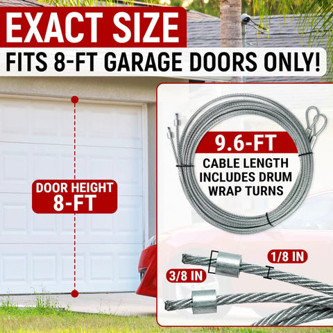 Beefy Heavy Duty Garage Door Cable Kit 8 ft doors, 9.6 ft galvanized carbon steel cables with torsion spring details