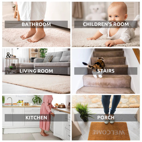 Images of different areas where Two Sided Rug Tape That Grips Like Crazy For Area Rugs And Floor Mats Easy Peel Adhesive is used.