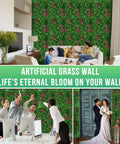 Boxwood Faux Grass Wall Panels 12 Pack 20x20 Inch Dense Green Backdrop for indoor living room decor with people interacting.