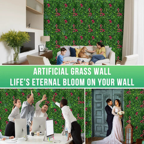 Boxwood Faux Grass Wall Panels 12 Pack 20x20 Inch Dense Green Backdrop for indoor living room decor with people interacting.