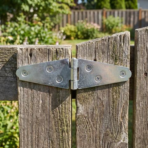 Close-up of Heavy Duty 6 Pack T Hinges with mounting screws on rustic wooden barn door for gates.