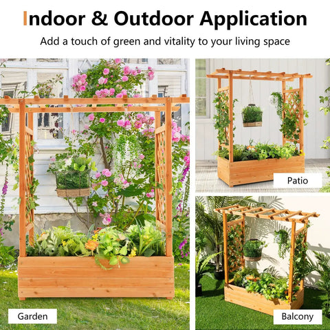 Raised Garden Bed With Arch Trellis For Outdoor Climbing Vines, Wood Planter Box With Hanging Roof and Side Trellises, Above Ground Elevated Garden Bed installed in garden, patio and balcony.