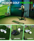 Indoor setup with golfer using Tri Turf Golf Hitting Mat With Thick EVA Foam Base And Tri Turf Tiles for practice in simulator room.