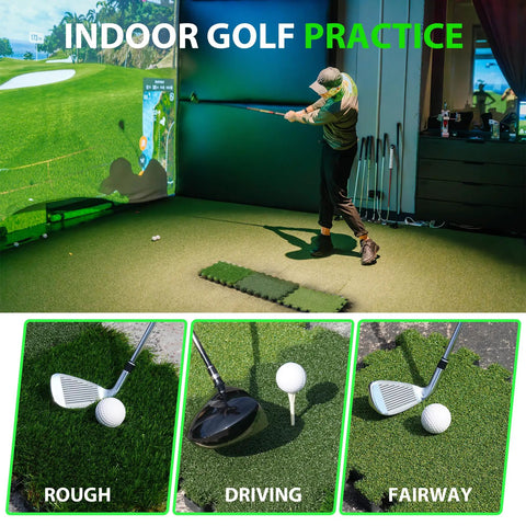 Indoor setup with golfer using Tri Turf Golf Hitting Mat With Thick EVA Foam Base And Tri Turf Tiles for practice in simulator room.